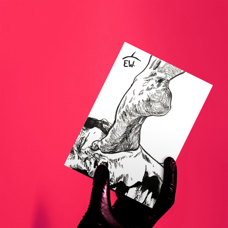 Gloved latex hand holding a portrait composition, white background, artwork all in black line, cross-hatching technique. The two upper thirds of the frame are filled with the sole of an arched foot from the back, visible from a bit above the ankle and allowing sight of only the pimkie toe, on the top left an open speech bubble pointing up reads “ew”. The foot has a strong and fluid outline. Squashed under the ball and toe area of the foot, we see a person’s head, receiving the pressure on the cheek and presenting a struggling expression on their face. The cross-hatching lines of volume and facial features become confused together and the face is delineated by strong black brushed areas, that bleed towards the bottom of the frame.