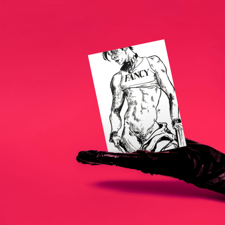 Gloved latex hand holding a Portrait composition, white background, artwork in black line, with cross-hatching technique. A slim, semi naked male figure presents his muscular body, filling the frame up to his thighs, left arm resting on a block, right arm pulling down an undefined, thick lined piece of fabric. Facing down, the hair is short, and dark, the face freckled, beardless, and possibly blushing. He is wearing a flat, black collar with a lock, and two thick cuffs on his wrists. A lifted tank top reading “Fancy” displays a pierced nipple, and the genitals are partially revealed, showing the penis inside of a metallic chastity cage.